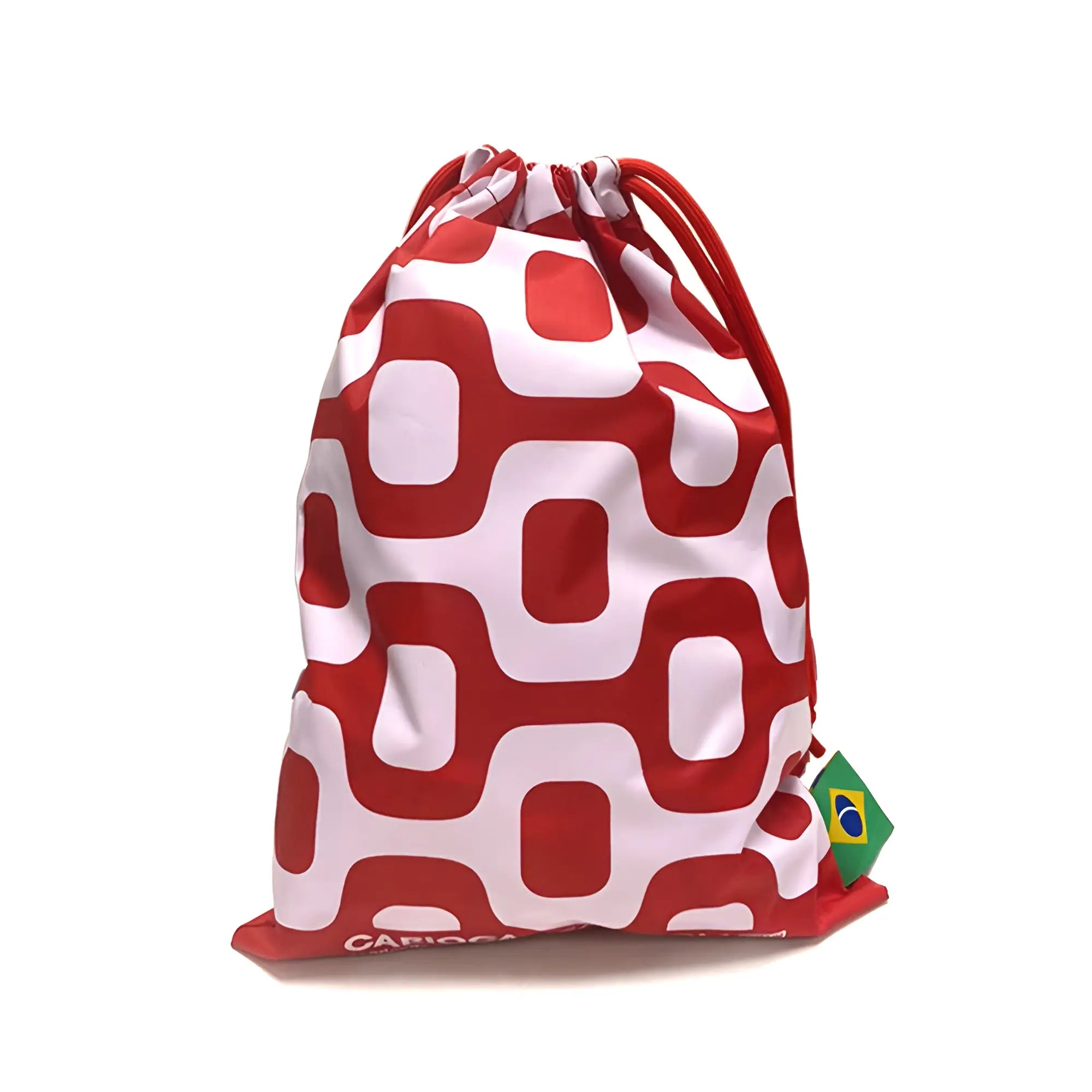 Red and white geometric patterned drawstring travel bag with brazilian flag tag from ca-rio-ca sunga co limited edition