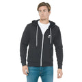 Black zip up hoodie with white drawstrings and gray and white crest logo on left chest by CA-RIO-CA Sunga Co