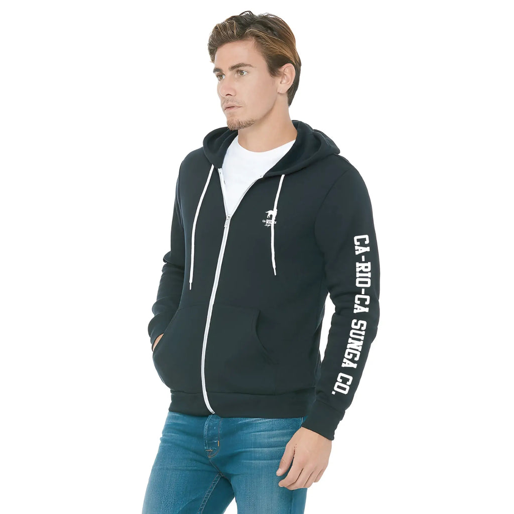 Black zip up hoodie with white drawstrings sleeve lettering and small crest logo on the chest by ca-rio-ca sunga co