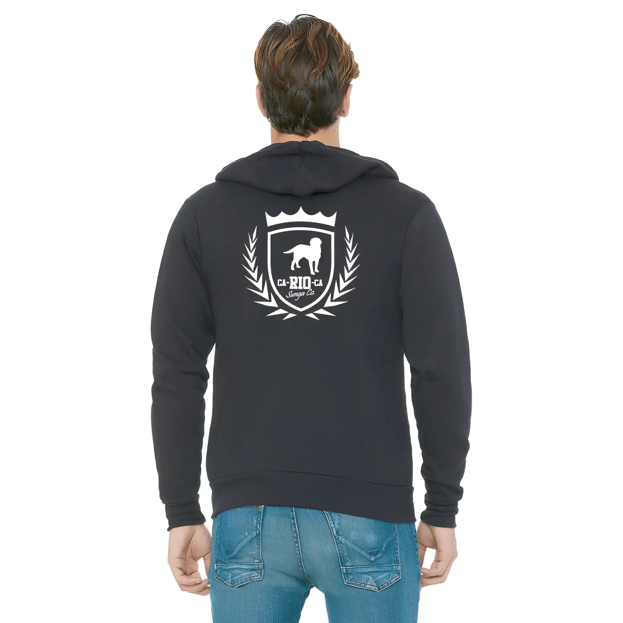 Black zip up hoodie from CA-RIO-CA Sunga Co with white crest emblem featuring dog crown and laurel wreath design