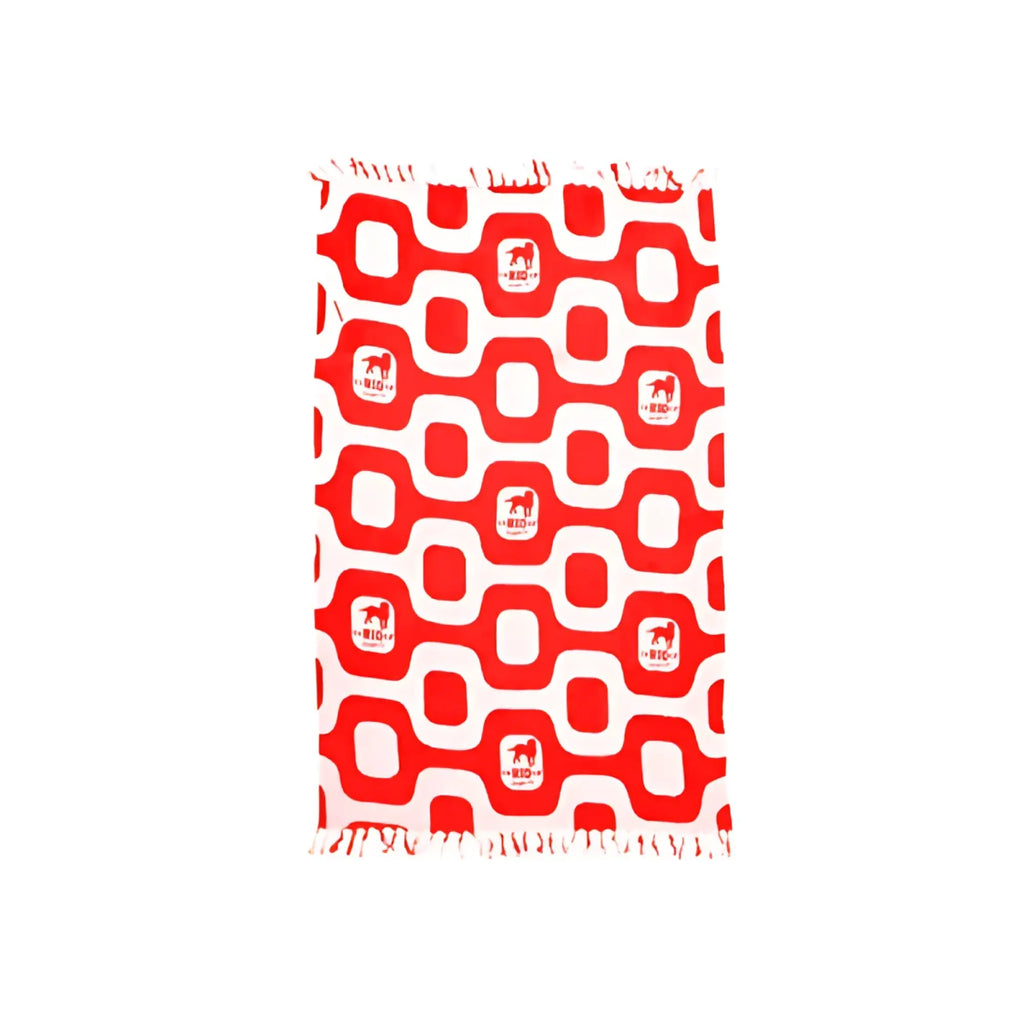 Red and white patterned throw blanket with geometric design and small dog silhouettes from ca-rio-ca sunga co
