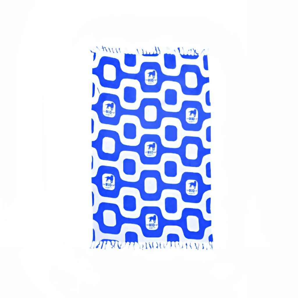 Blue and white patterned brazilian beach towel with geometric dog silhouettes by ca-rio-ca sunga co