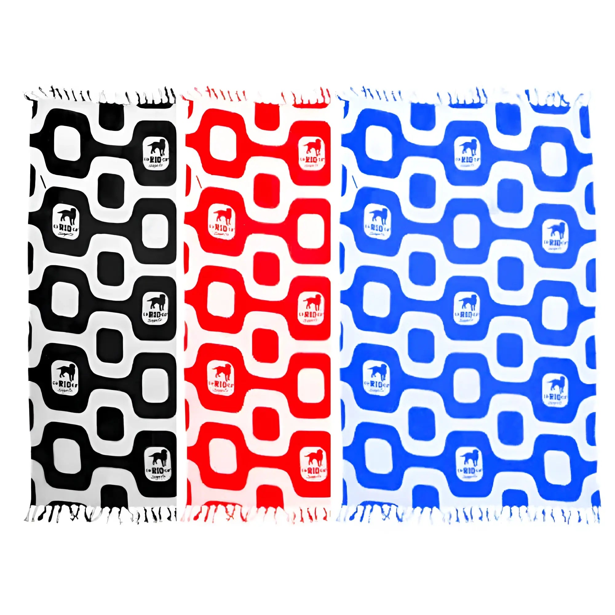 Three patterned throw blankets in black red and blue with white fringe from ca-rio-ca sunga co pavement beach towel collection