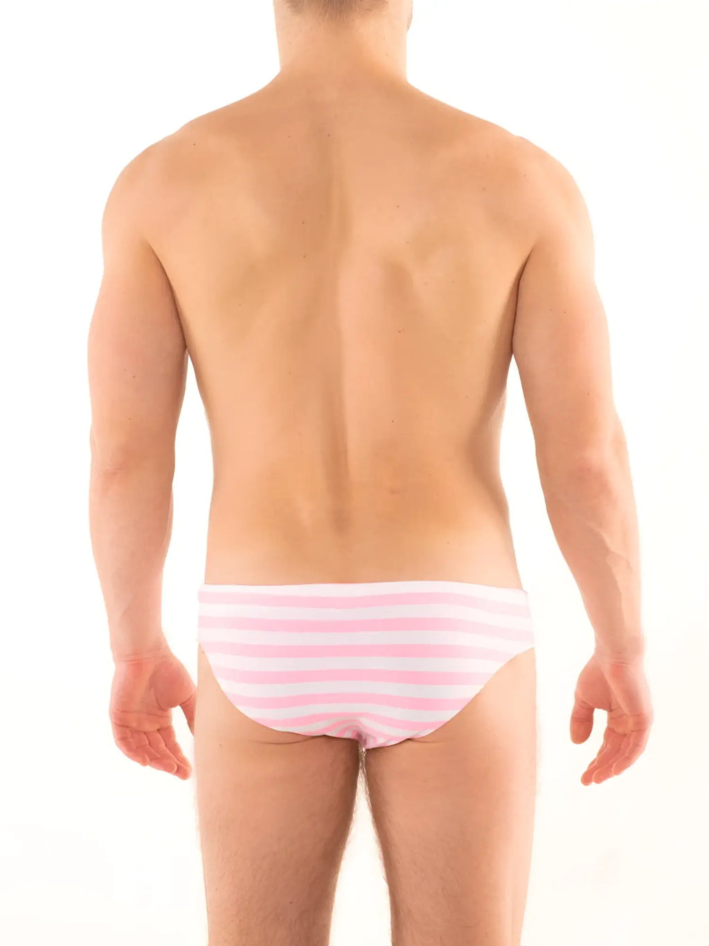 Cabana bikini swim pink and white striped men’s briefs made from lightweight swim fabric for beachwear