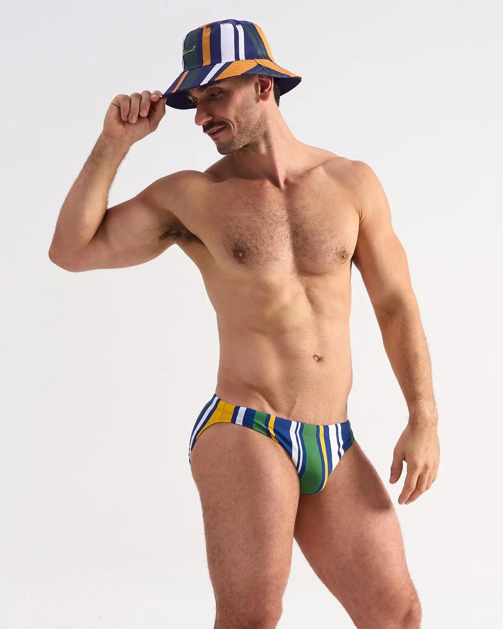 Men’s cabana swim brief striped bucket hat with navy yellow and white vertical stripes for casual wear
