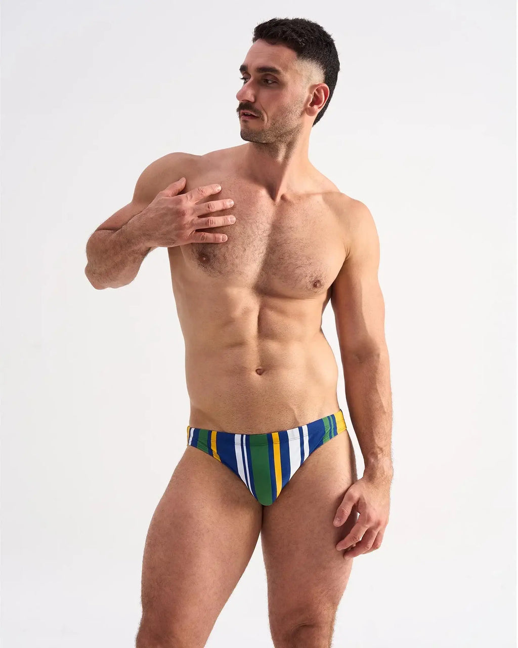 Cabana swim brief with vibrant bold blue green yellow and white vertical striped design for beachwear use