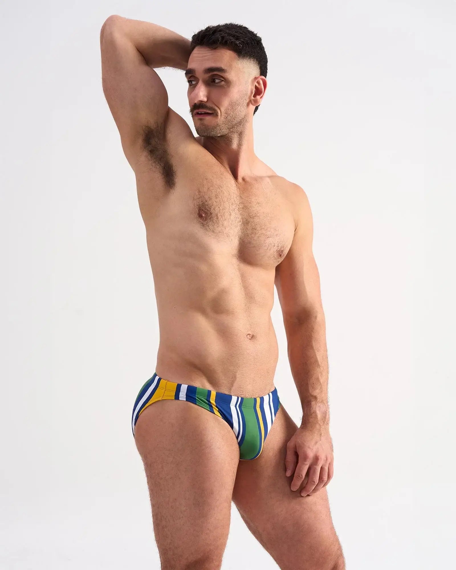 Cabana swim brief vibrant striped swim trunks in bold green yellow and blue with sleek modern design