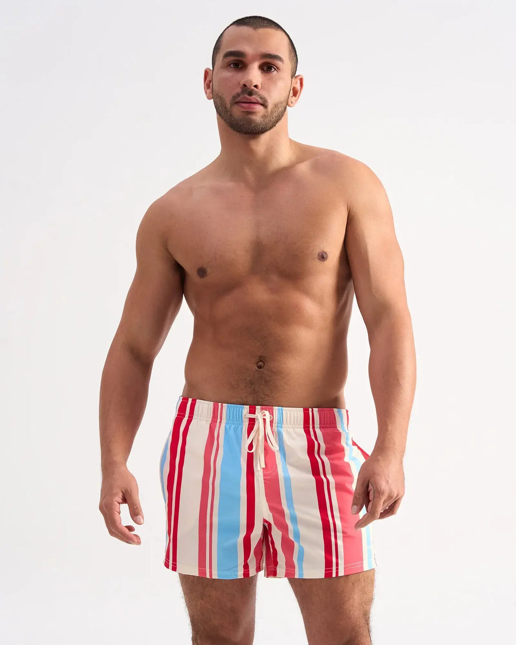Cabana swim short men’s swim trunks with bold vertical stripes in red light blue and white for beachwear