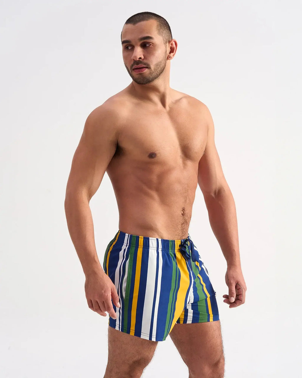 Cabana swim short men’s swim trunks with bold vertical stripes in blue yellow green and white for beachwear