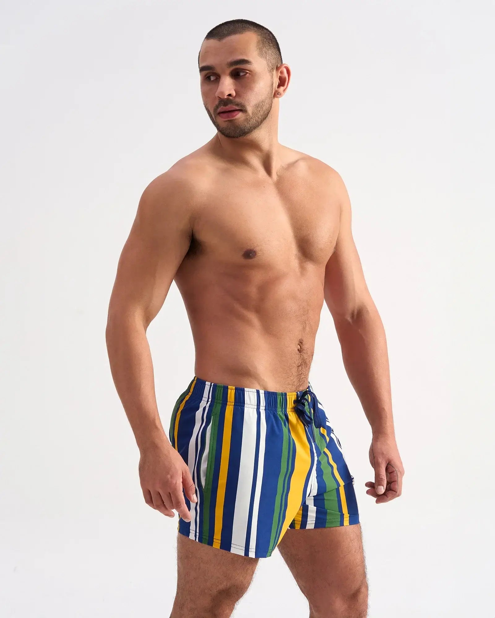 Cabana swim short men’s swim trunks with bold vertical stripes in blue yellow green and white for beachwear