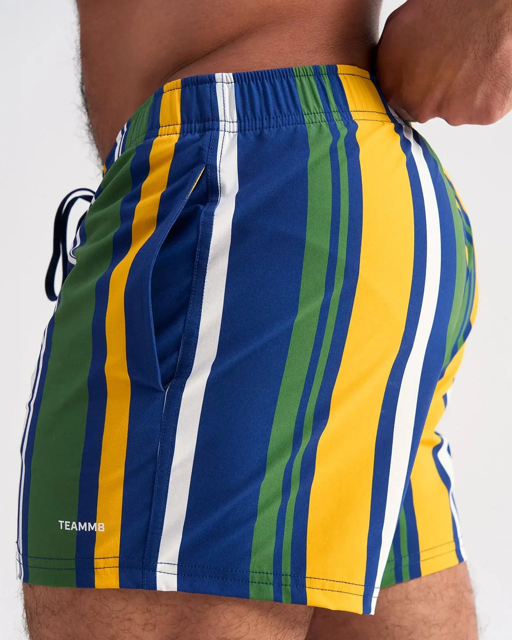 Vibrant cabana swim short swim trunks with bold blue yellow and green vertical stripes and white accents