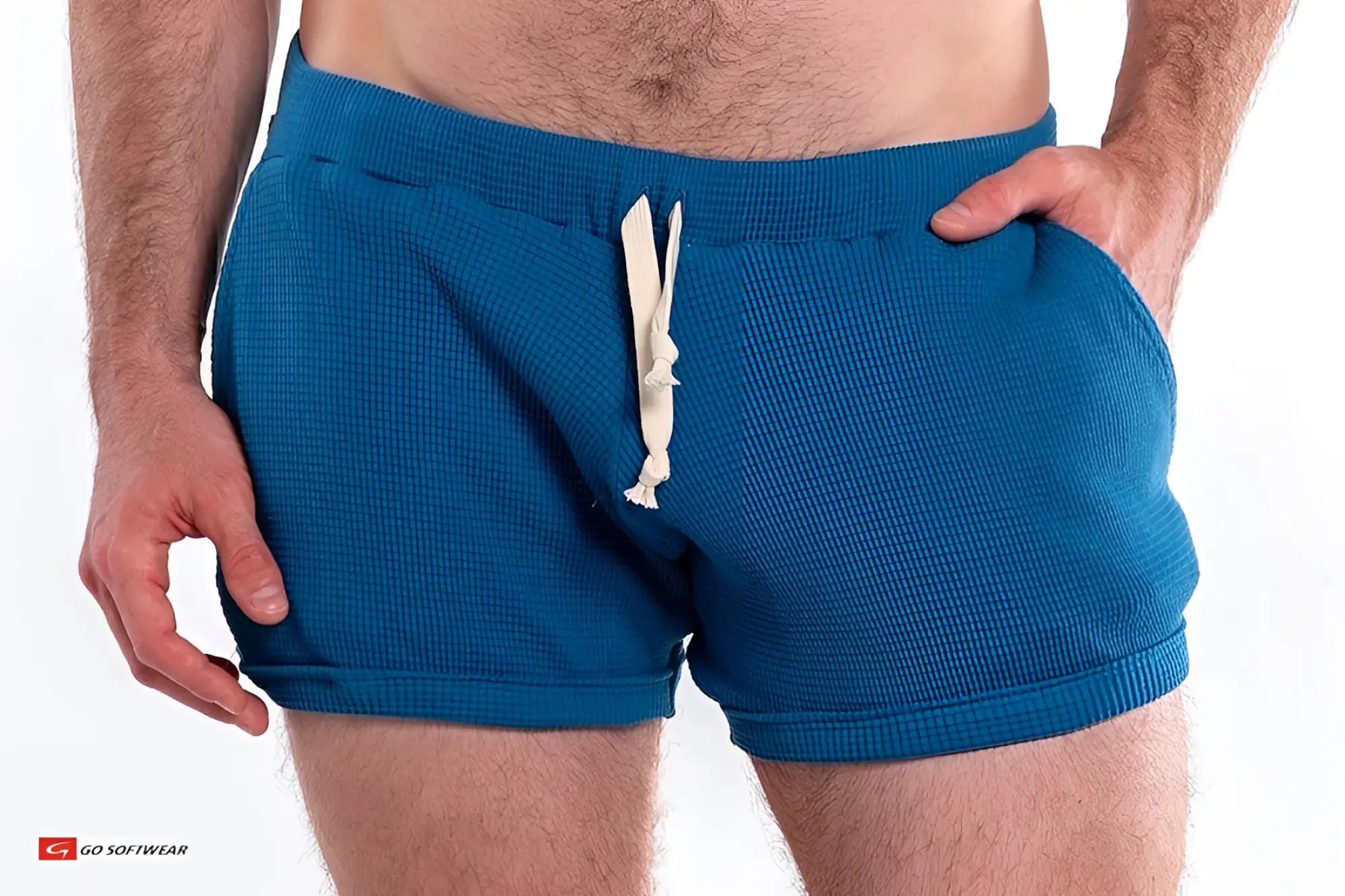 So cal 10 inch waffle-knit blue shorts with white drawstring and pockets for casual wear