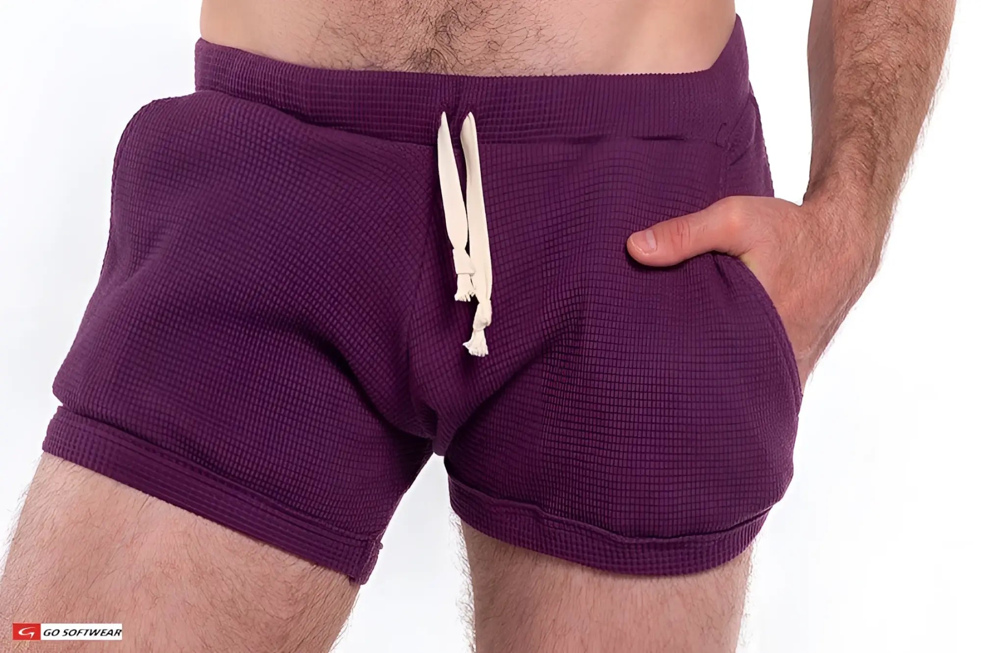 Purple waffle-knit So Cal 10 inch shorts with white drawstrings and pockets for casual wear