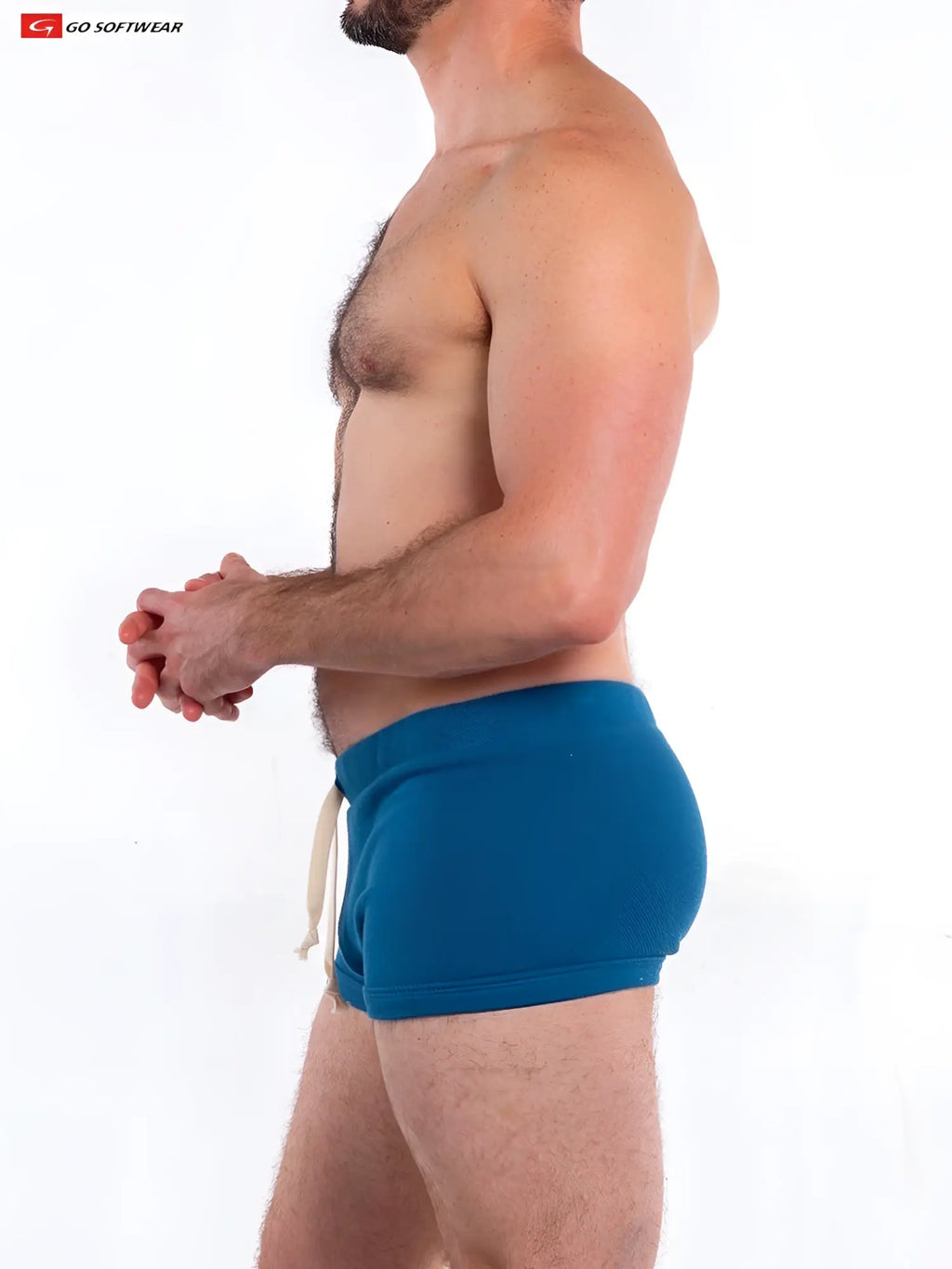 Blue textured So Cal 8 lounge short swim trunks with cream-colored drawstring designed for casual wear