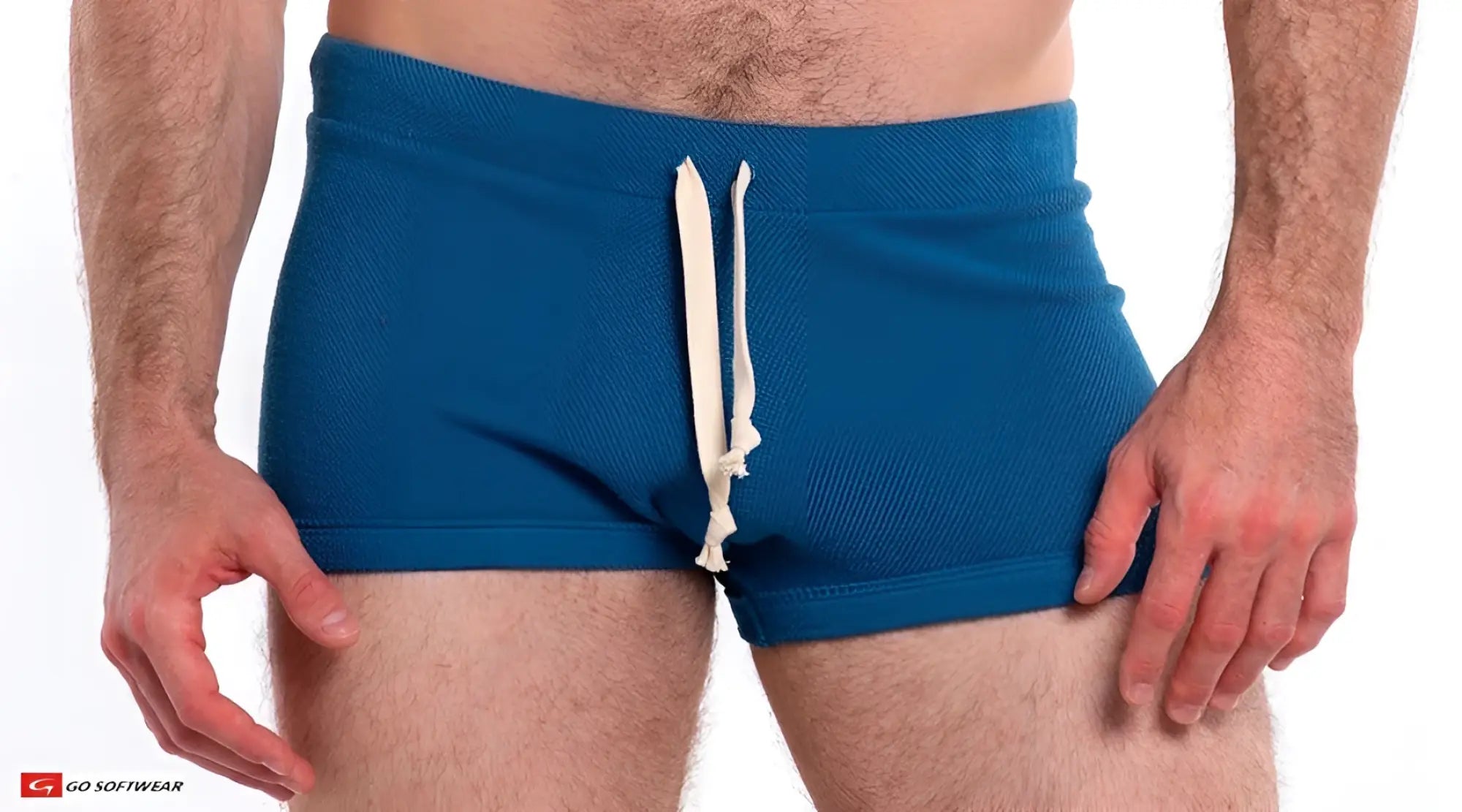 Blue textured so cal 8 inch lounge short swim trunks with white drawstrings for casual beachwear
