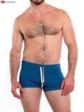 Blue textured so cal 8 inch lounge short swim trunks with white drawstrings for casual beachwear