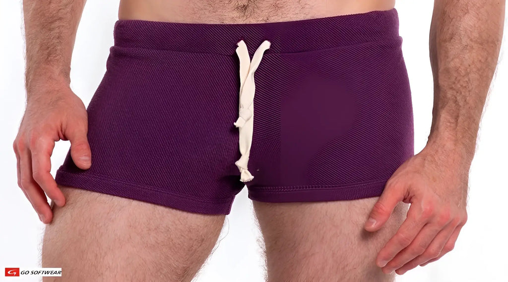 Purple textured swim trunks with a white drawstring so cal 8 lounge short ideal for casual beachwear
