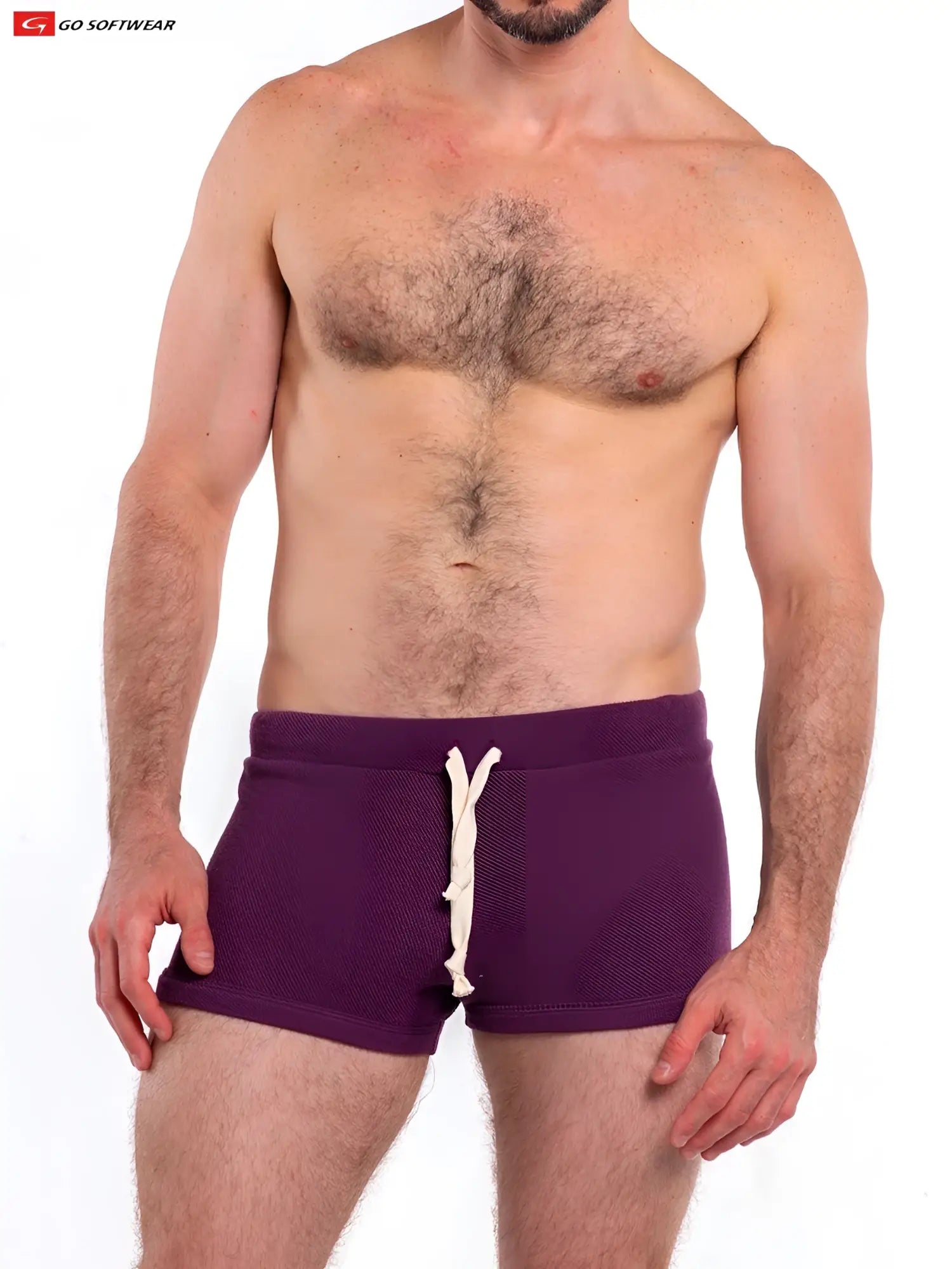 Purple textured so cal 8 inch lounge short swim trunks with white drawstrings for casual beachwear
