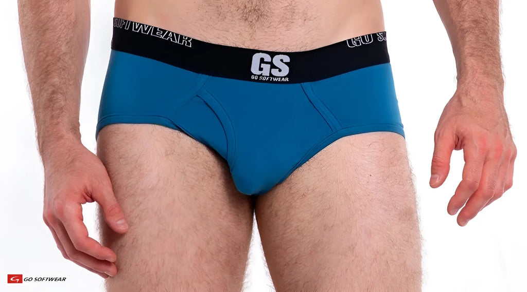 Blue men’s briefs with black elastic waistband and gs go softwear branding called so cal brief