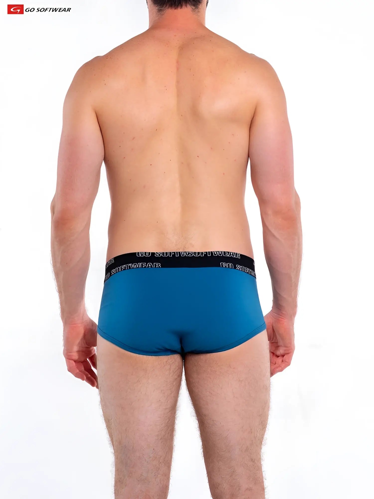 Blue men’s so cal brief with black elastic waistband featuring go softwear logo in white text