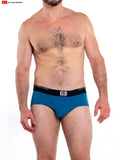 Blue men’s briefs so cal brief with black gs logo waistband and go softwear branding for comfortable wear