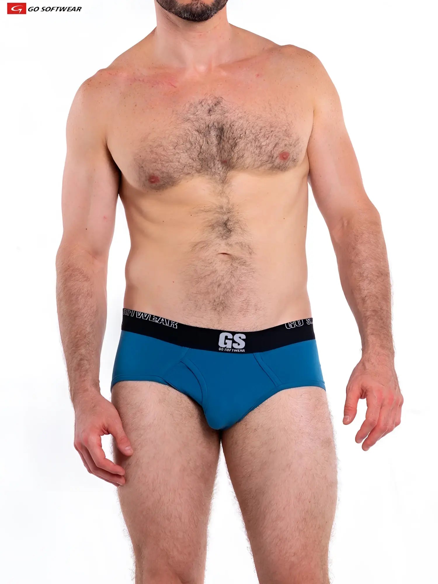 Blue men’s briefs so cal brief with black gs logo waistband and go softwear branding for comfortable wear