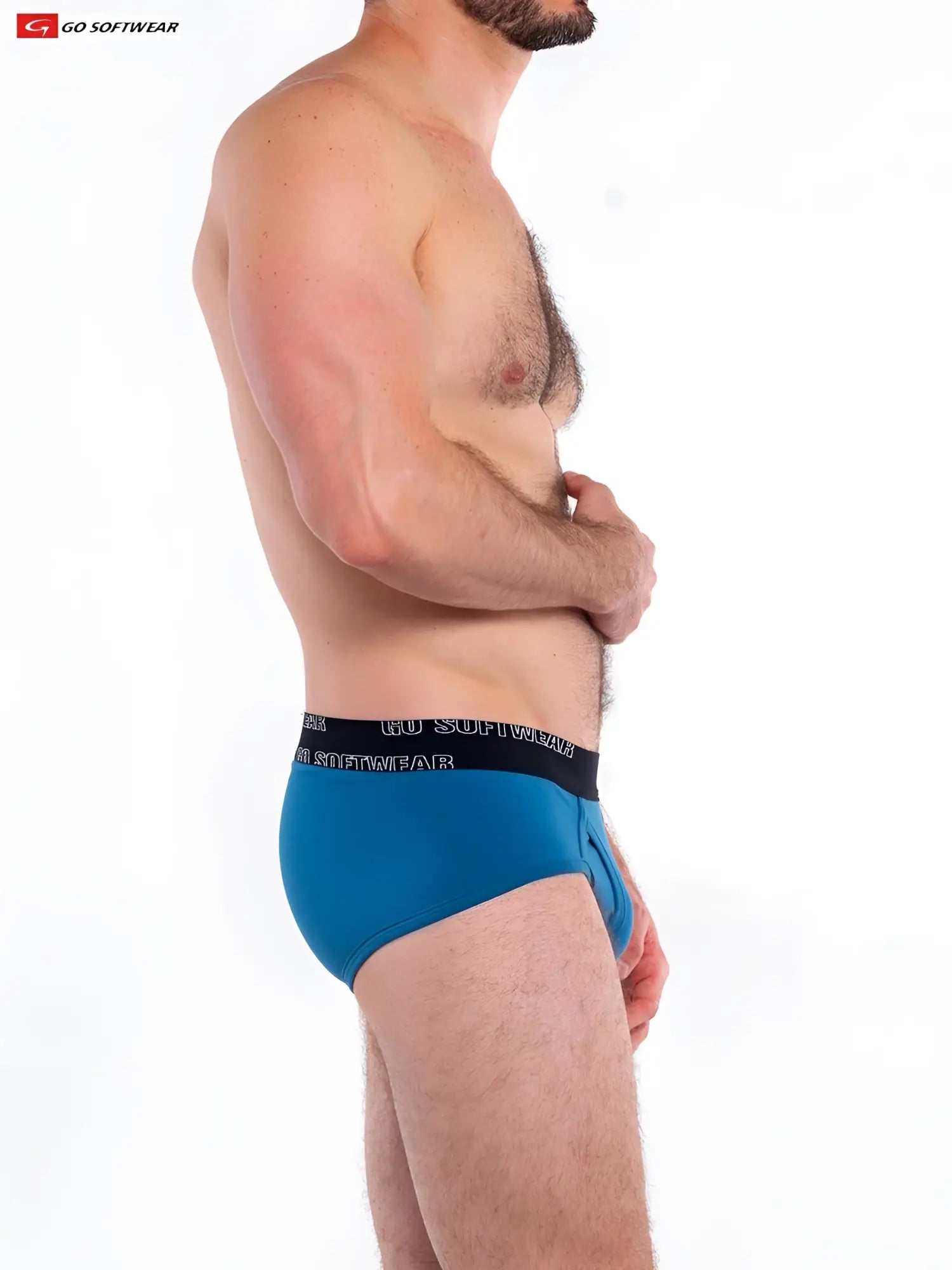 So cal brief blue men’s briefs with black waistband featuring white go softwear branding for comfortable everyday wear