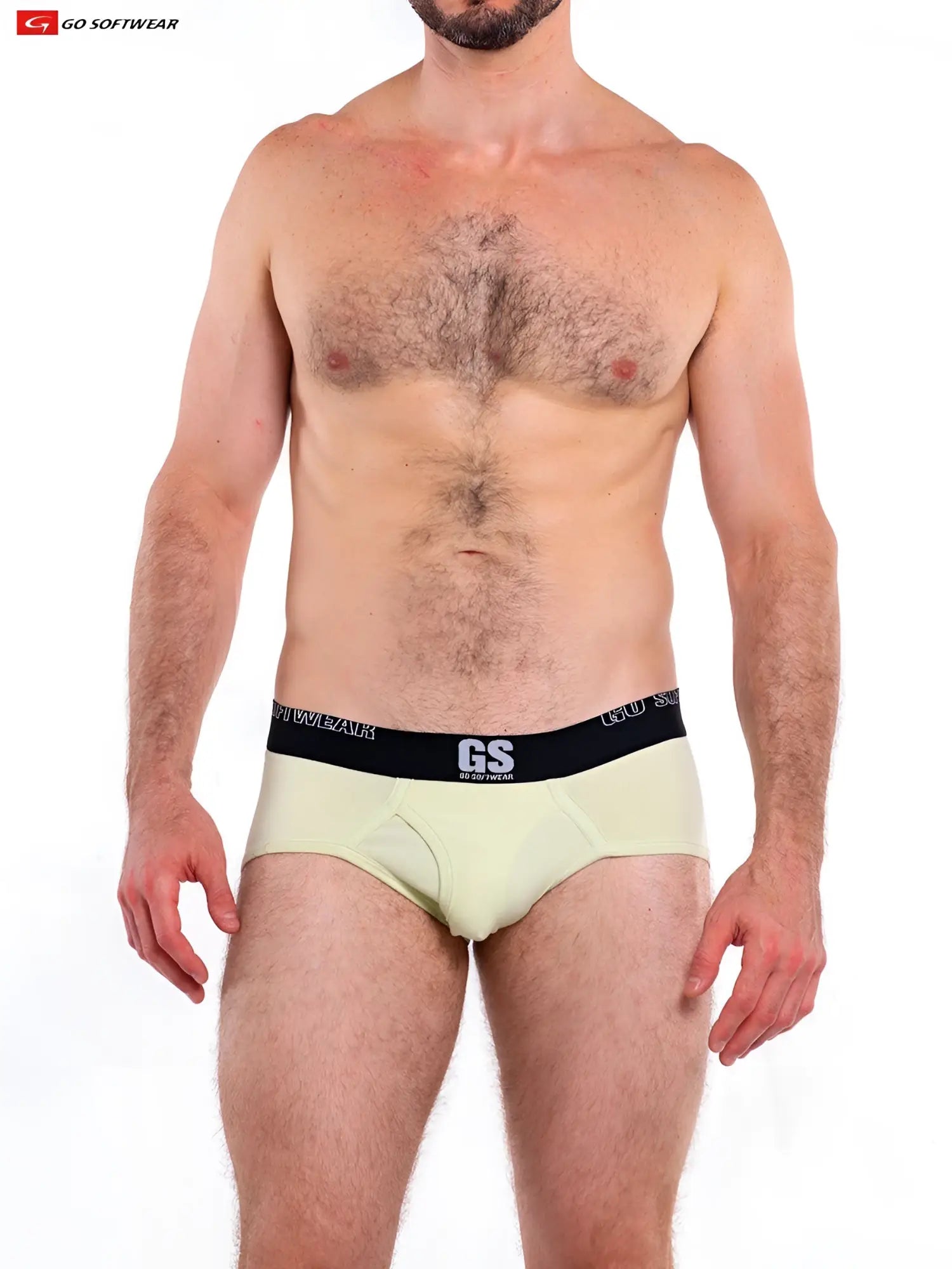 Light green so cal brief with black waistband featuring gs logo and go softwear text for comfortable wear