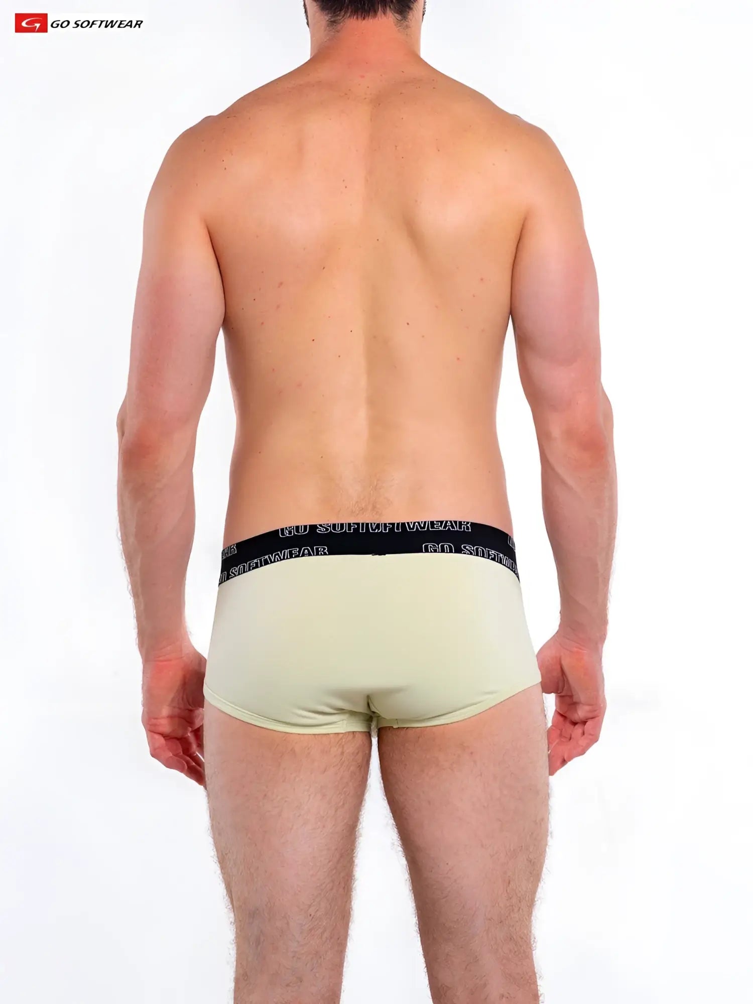 Light green so cal brief men’s briefs with black elastic waistband featuring go softwear logo in white text
