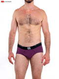 Purple men’s so cal briefs with black elastic waistband featuring gs logo and go softwear text