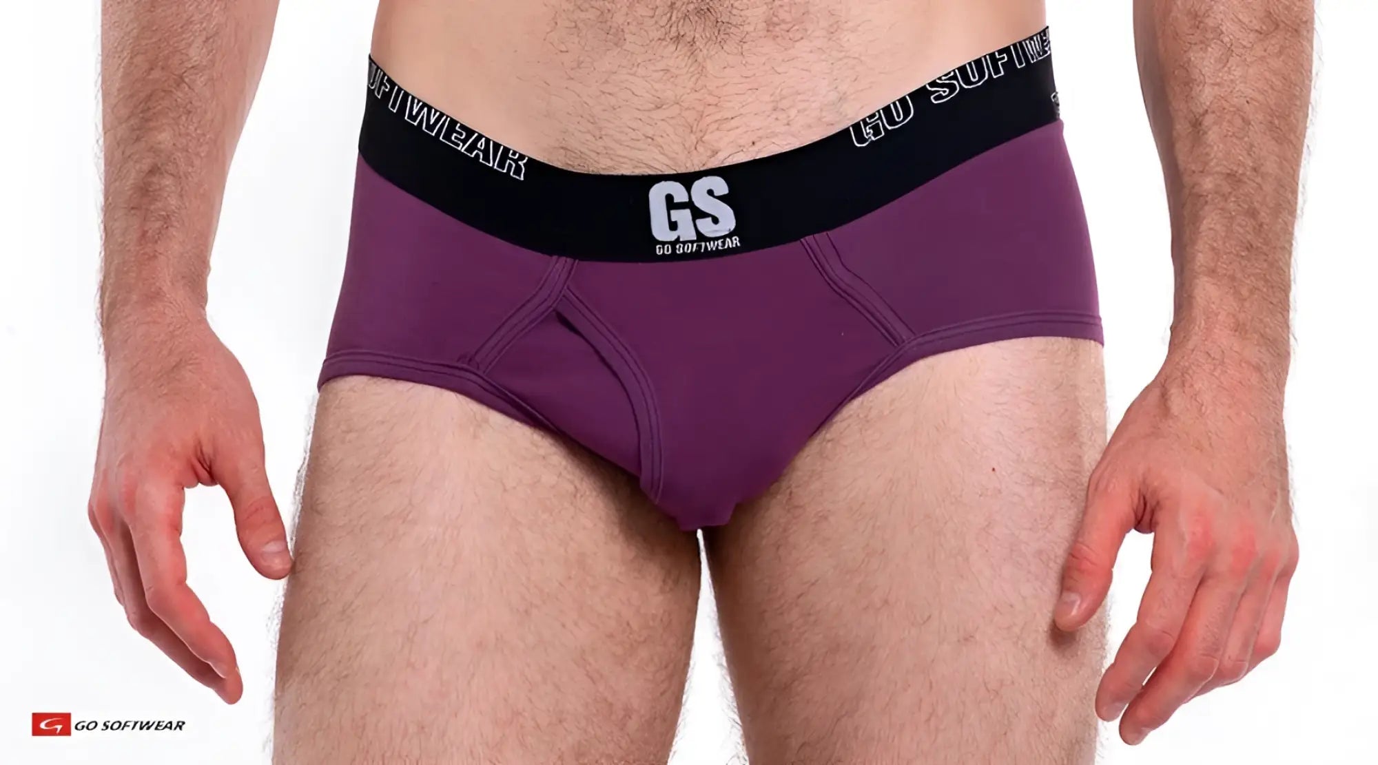 Purple so cal brief men’s briefs with black elastic waistband featuring gs go softwear logo