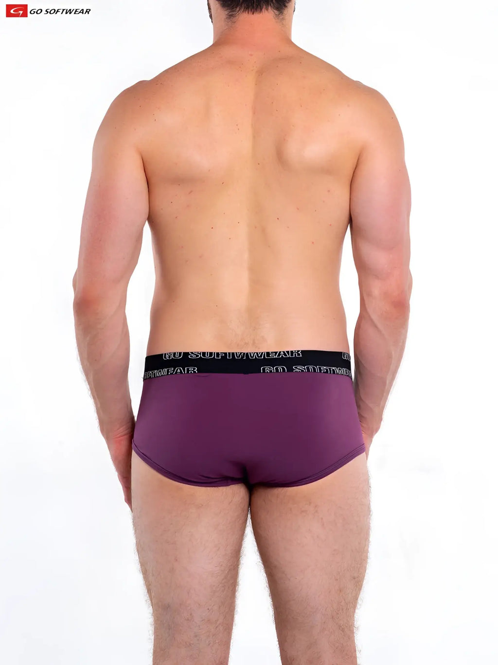 Purple so cal brief men’s briefs with black elastic waistband featuring go softwear white logo for comfortable wear