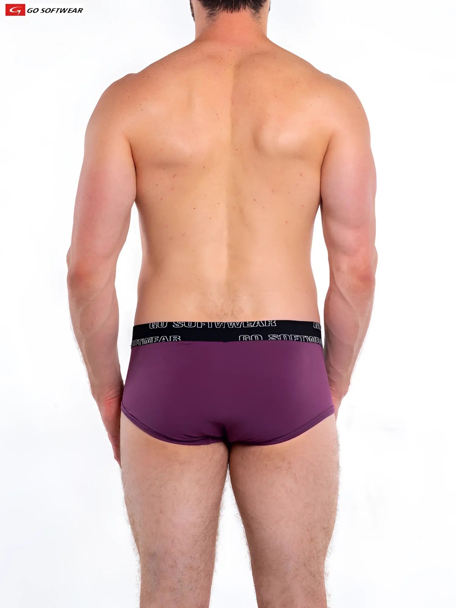 Purple so cal brief men’s briefs with black elastic waistband featuring go softwear white logo for comfortable wear