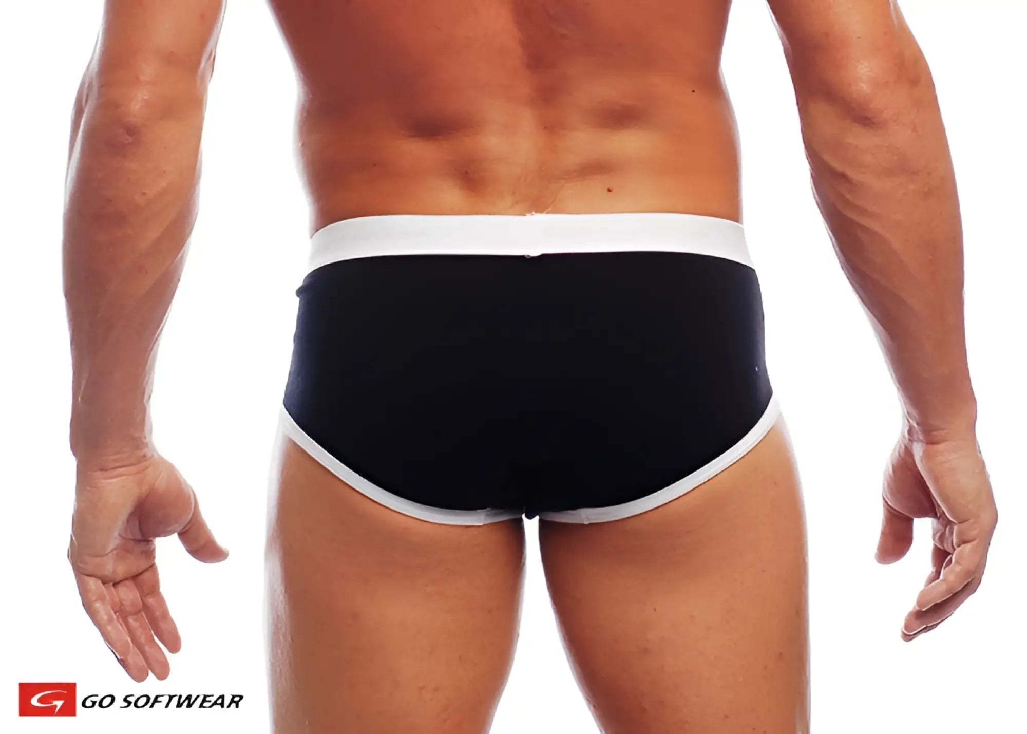 Black cal classic boy brief with white trim featuring a comfortable cotton blend fabric front view