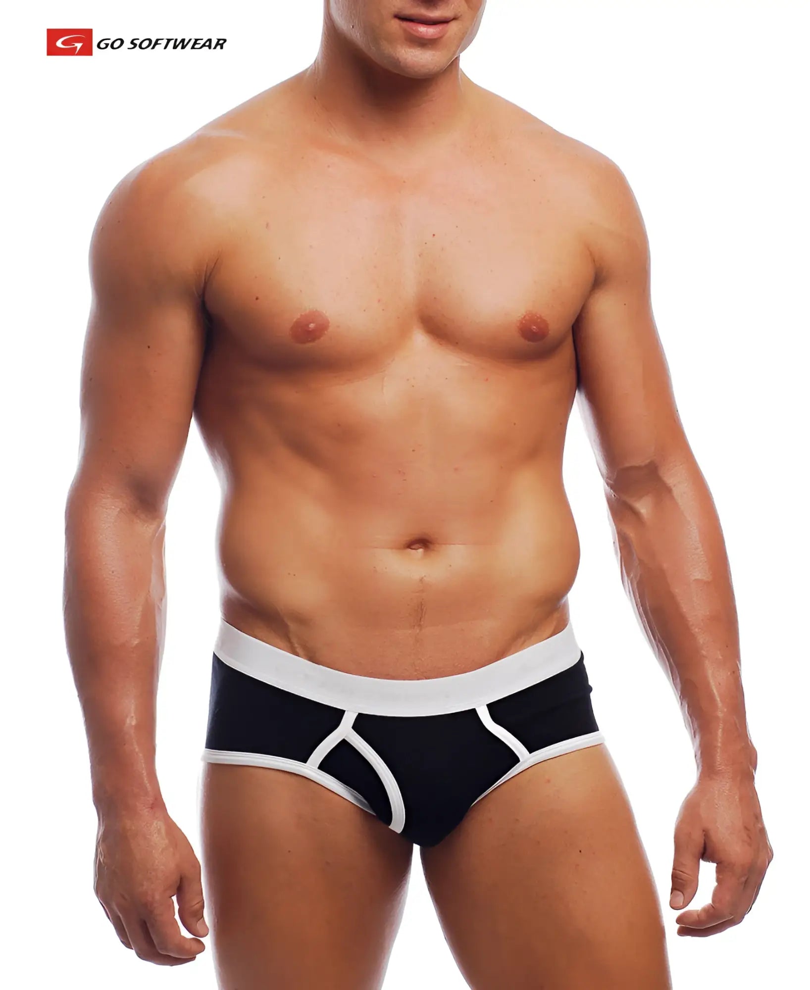 Black cal classic boy brief with white trim and geometric design featuring go softwear brand logo