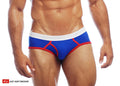 Cal classic boy brief in blue and red athletic fabric with white waistband featuring go softwear logo