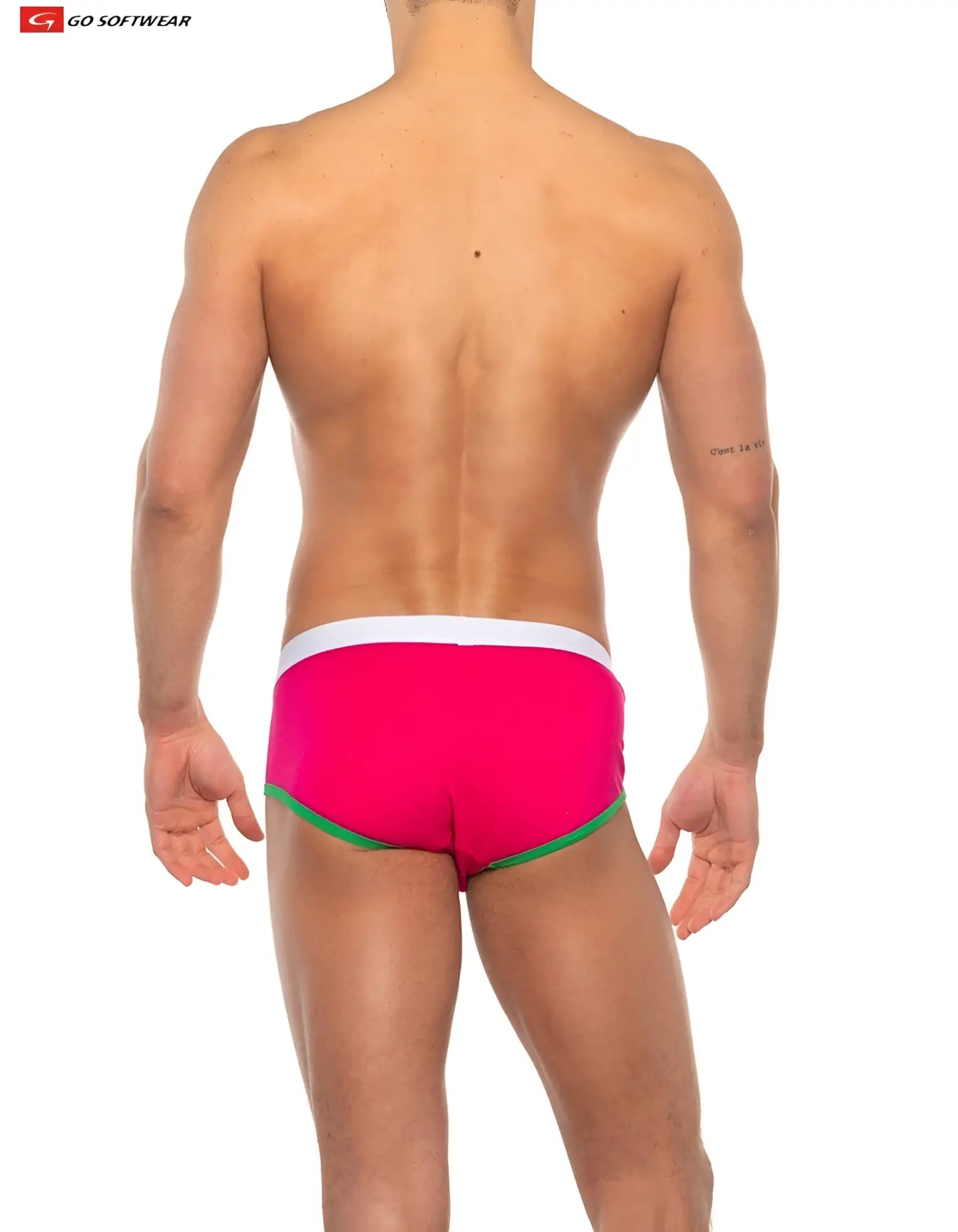 Cal classic boy brief in bright pink with white waistband and green trim designed for comfortable everyday wear