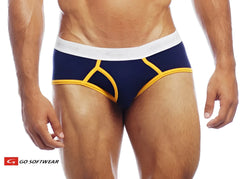 Navy blue and yellow Cal Classic boy brief with white waistband featuring Go Softwear logo in athletic fabric