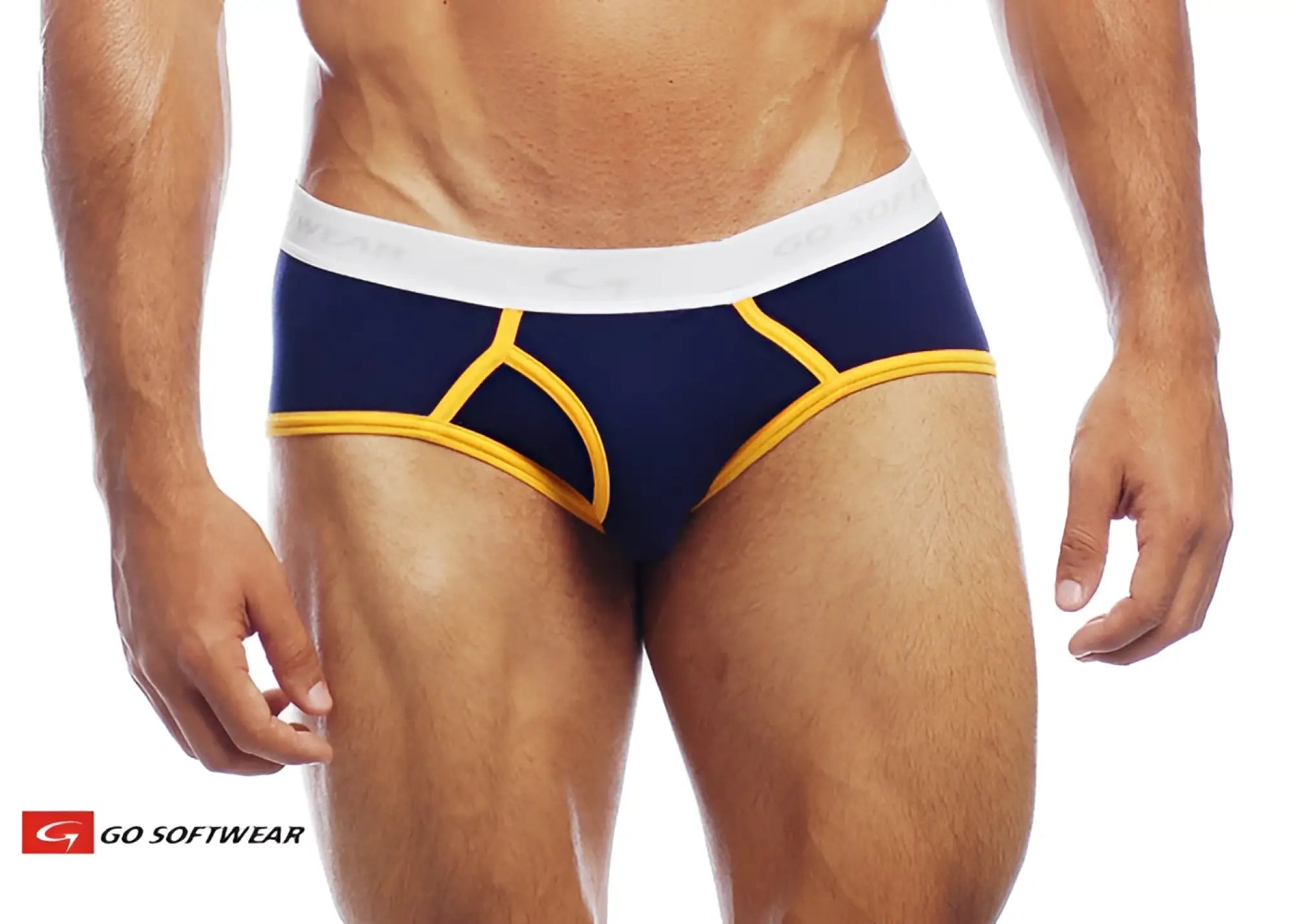 Navy blue and yellow Cal Classic boy brief with white waistband featuring Go Softwear logo in athletic fabric