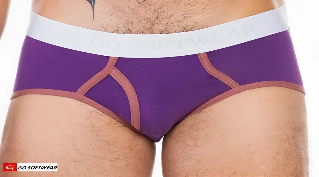 Cal classic boy brief purple with white waistband and brown trim featuring go softwear logo