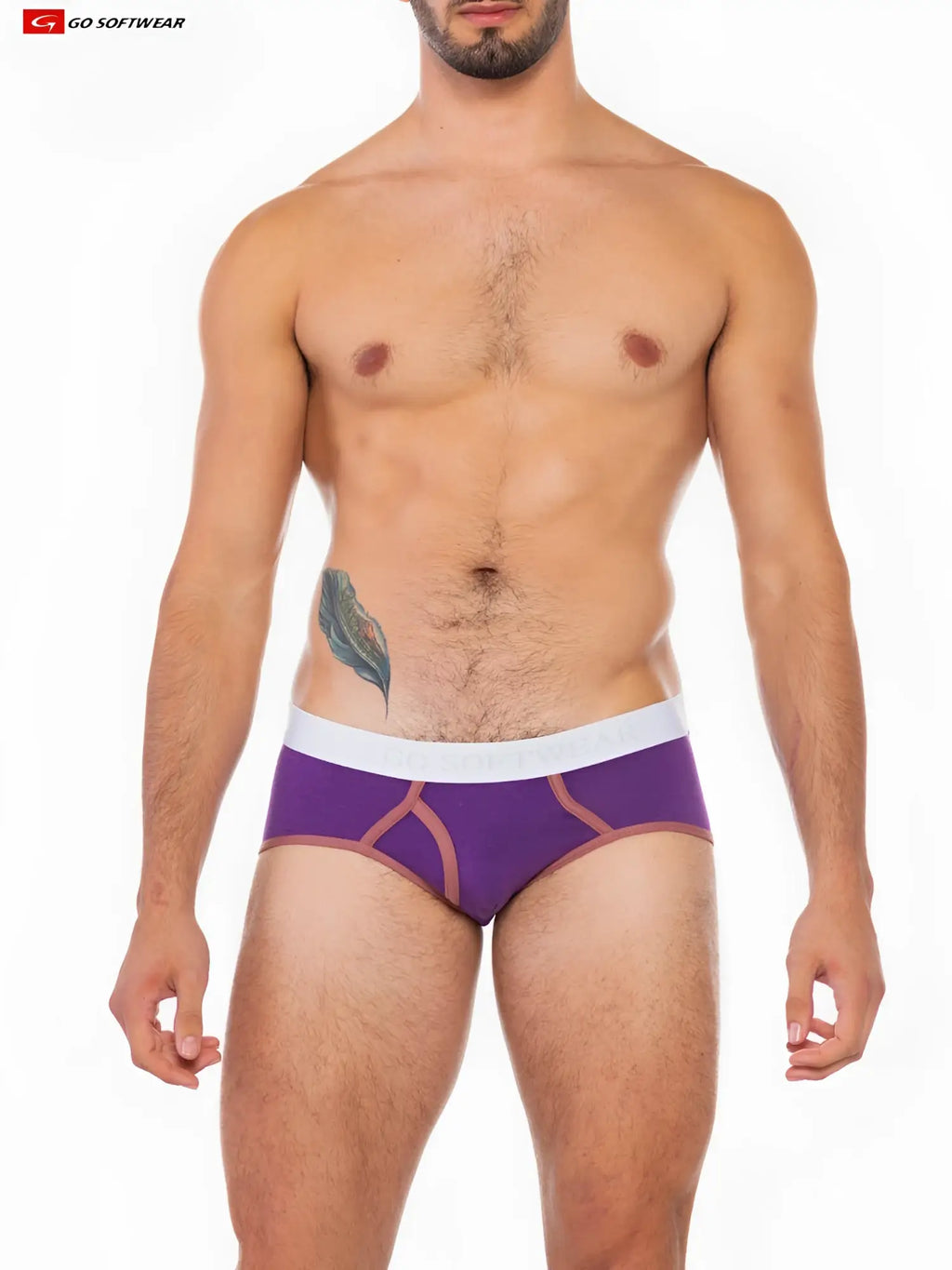 Purple Cal classic boy brief with white waistband tan geometric trim featuring Go Softwear logo front view