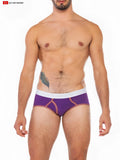Purple Cal classic boy brief with white waistband tan geometric trim featuring Go Softwear logo front view