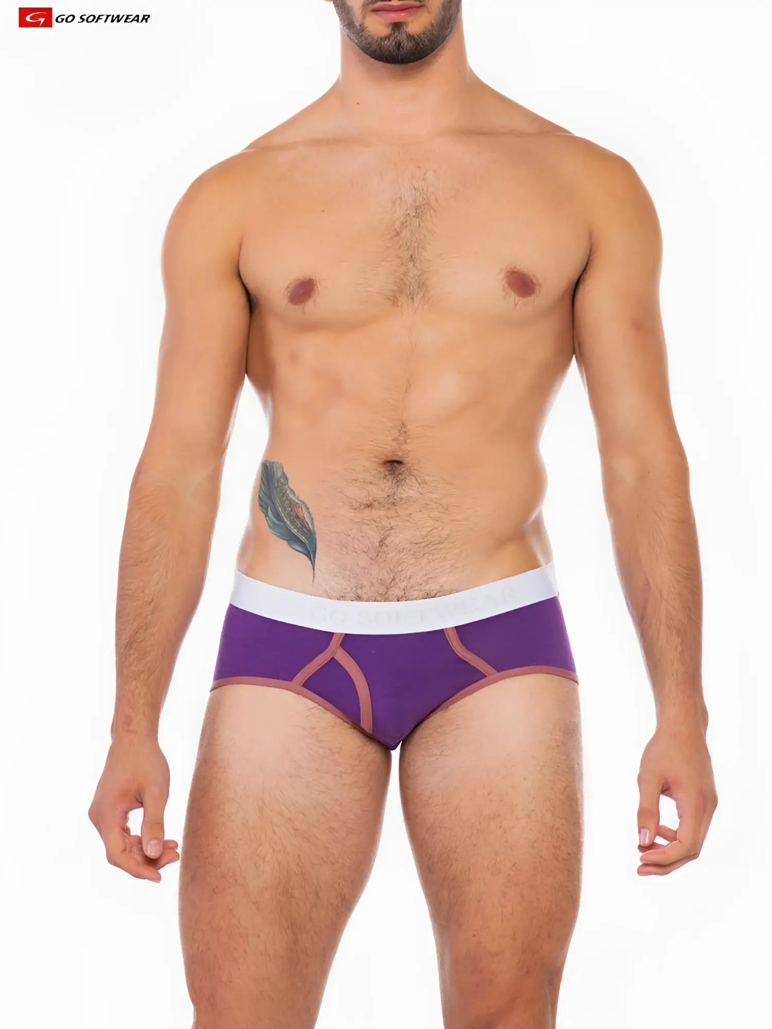 Purple Cal classic boy brief with white waistband tan geometric trim featuring Go Softwear logo front view