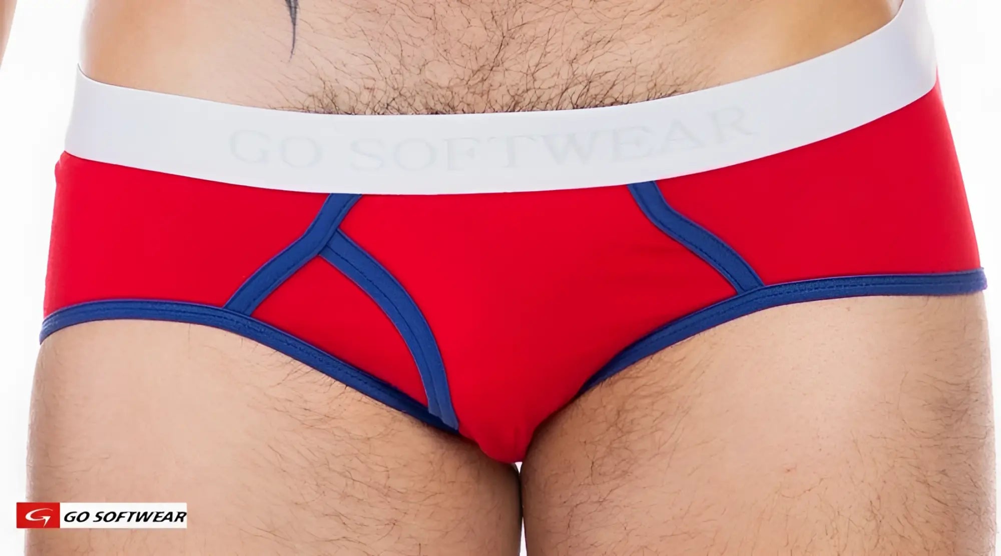 Cal classic boy brief red and blue men’s briefs with white elastic waistband featuring go softwear brand name