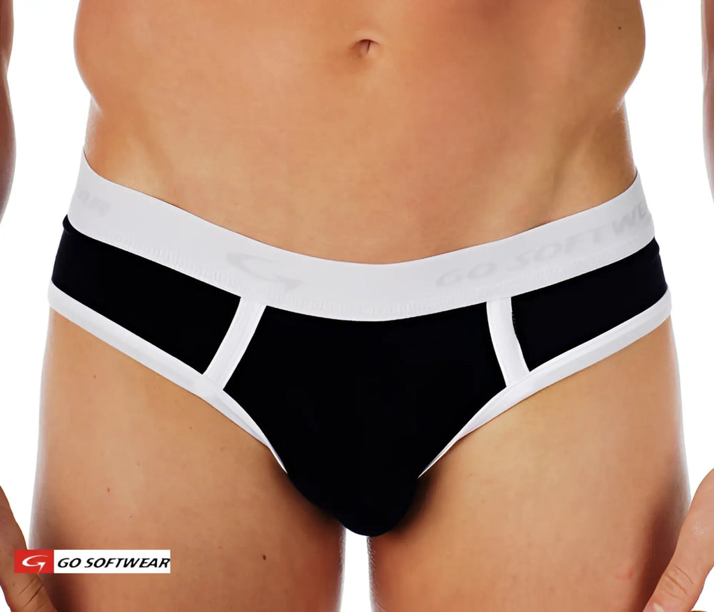 Cal classic lo-rise brief in black and white with a soft stretchy waistband featuring the go softwear logo