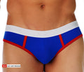 Cal classic lo-rise brief blue and red athletic briefs with white waistband featuring go softwear logo