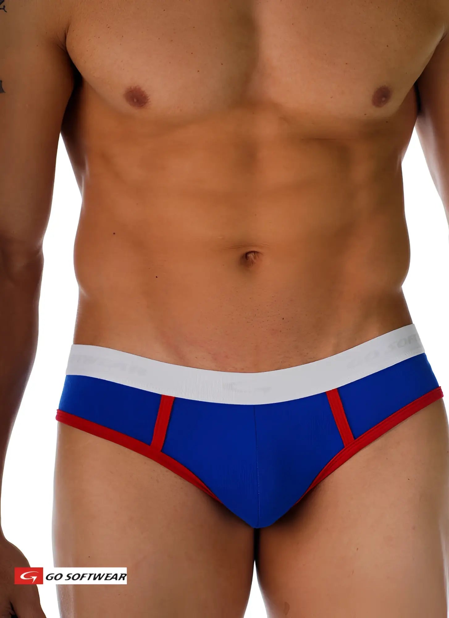 Cal classic lo-rise brief in blue and red athletic fabric with white waistband featuring go softwear logo