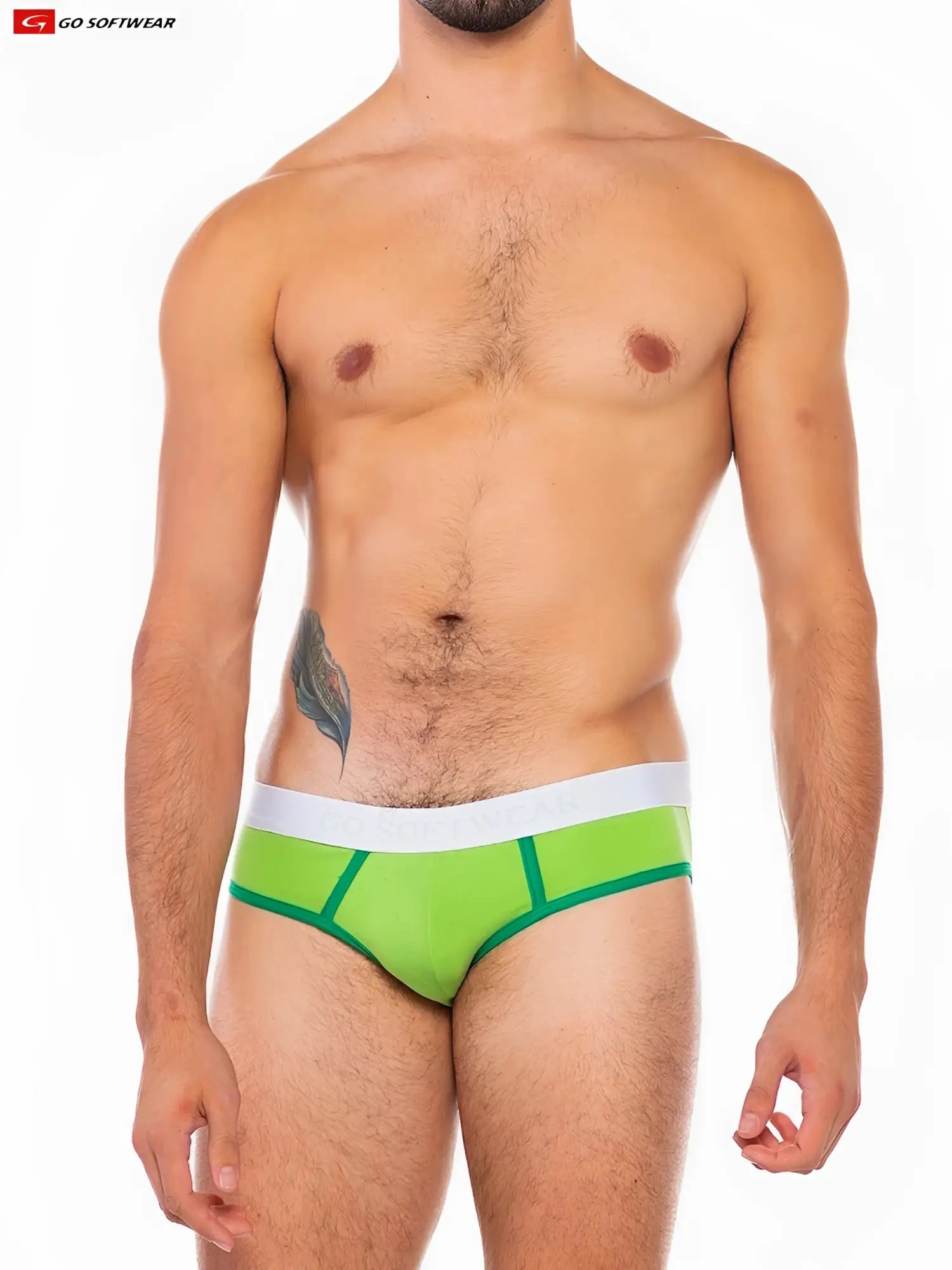 Cal classic lo rise brief in bright green with white waistband and matching green trim for comfortable everyday wear