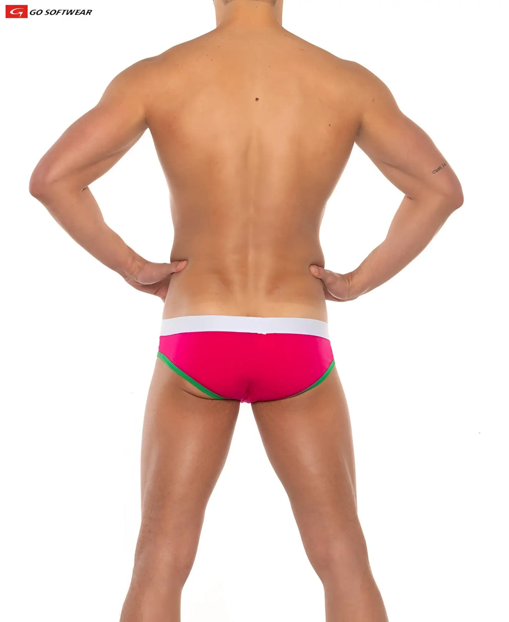 Bright pink cal classic lo rise men’s briefs with white waistband and green trim for comfortable everyday wear