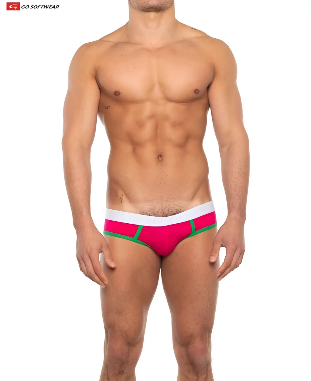 Cal classic lo rise brief bright pink with white waistband and green trim comfortable low rise underwear